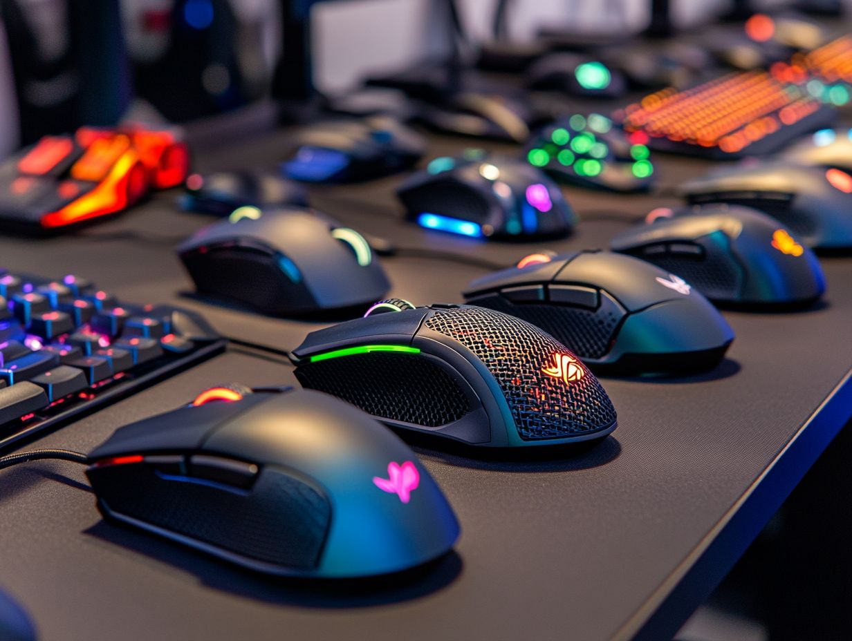 An assortment of ergonomic gaming mice with features highlighted