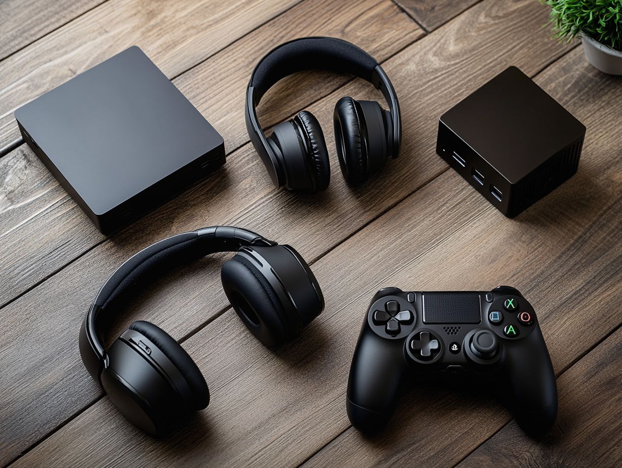 A selection of gaming input devices including headsets and capture devices